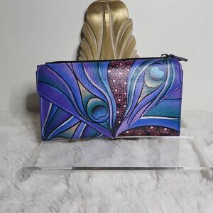 Anna by Anuschka Hand Painted Leather Clutch Wallet "Dreamy Peacock Dewberry"